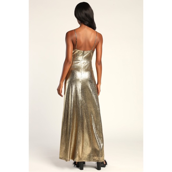 Shiny Gold Slit Spaghetti Strap Maxi Dress - Picture 4 of 6